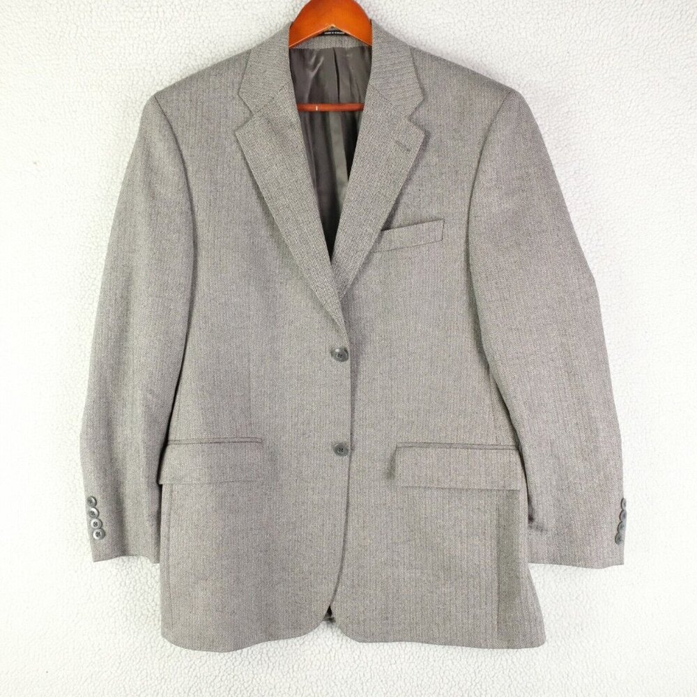 Vintage Blazer Mens 40R Gray Herringbone Two Button Vented Wool Silk Casual
